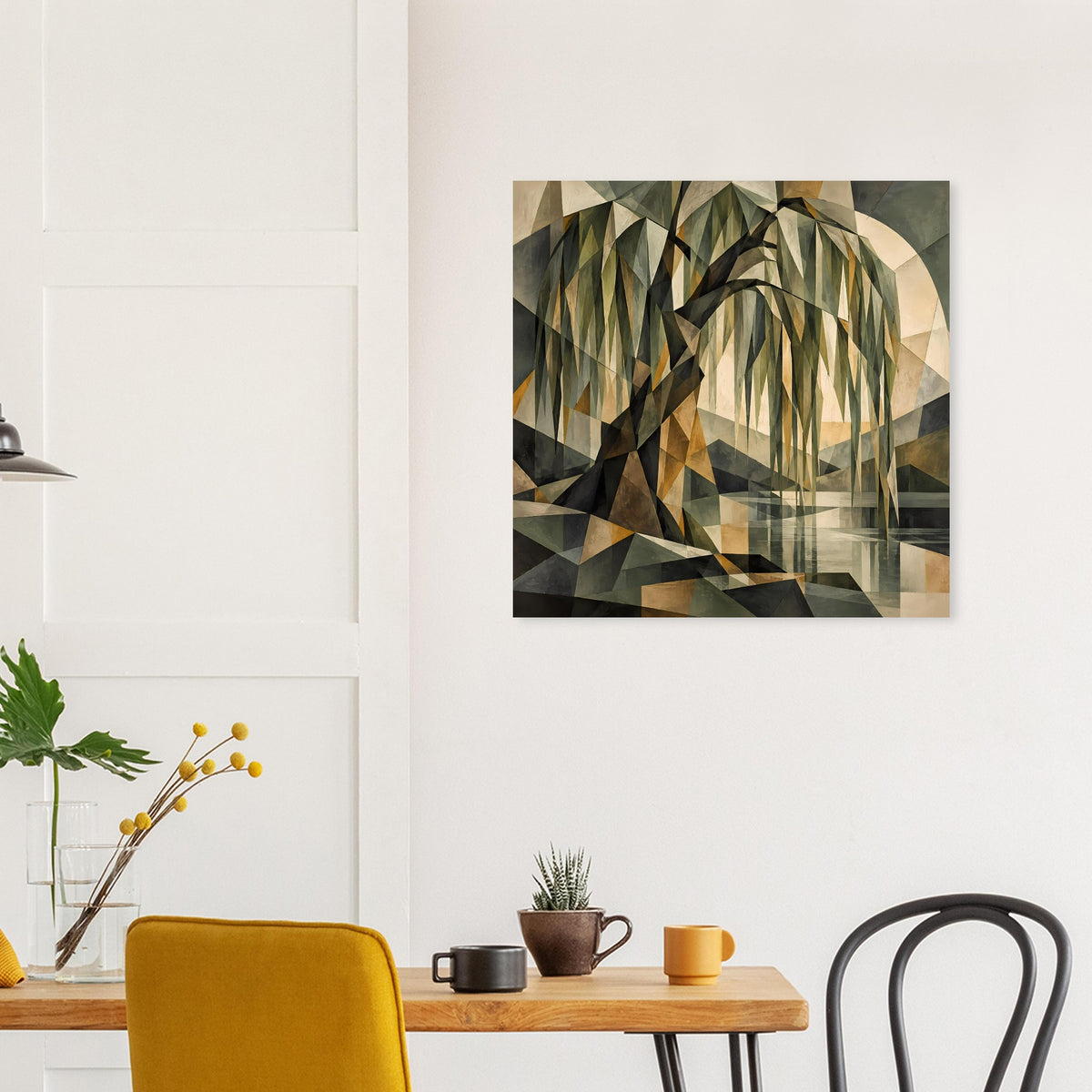Wandposter mit geometrischem Baum-Motiv, erdige Farbflächen in Grün, Braun und Beige