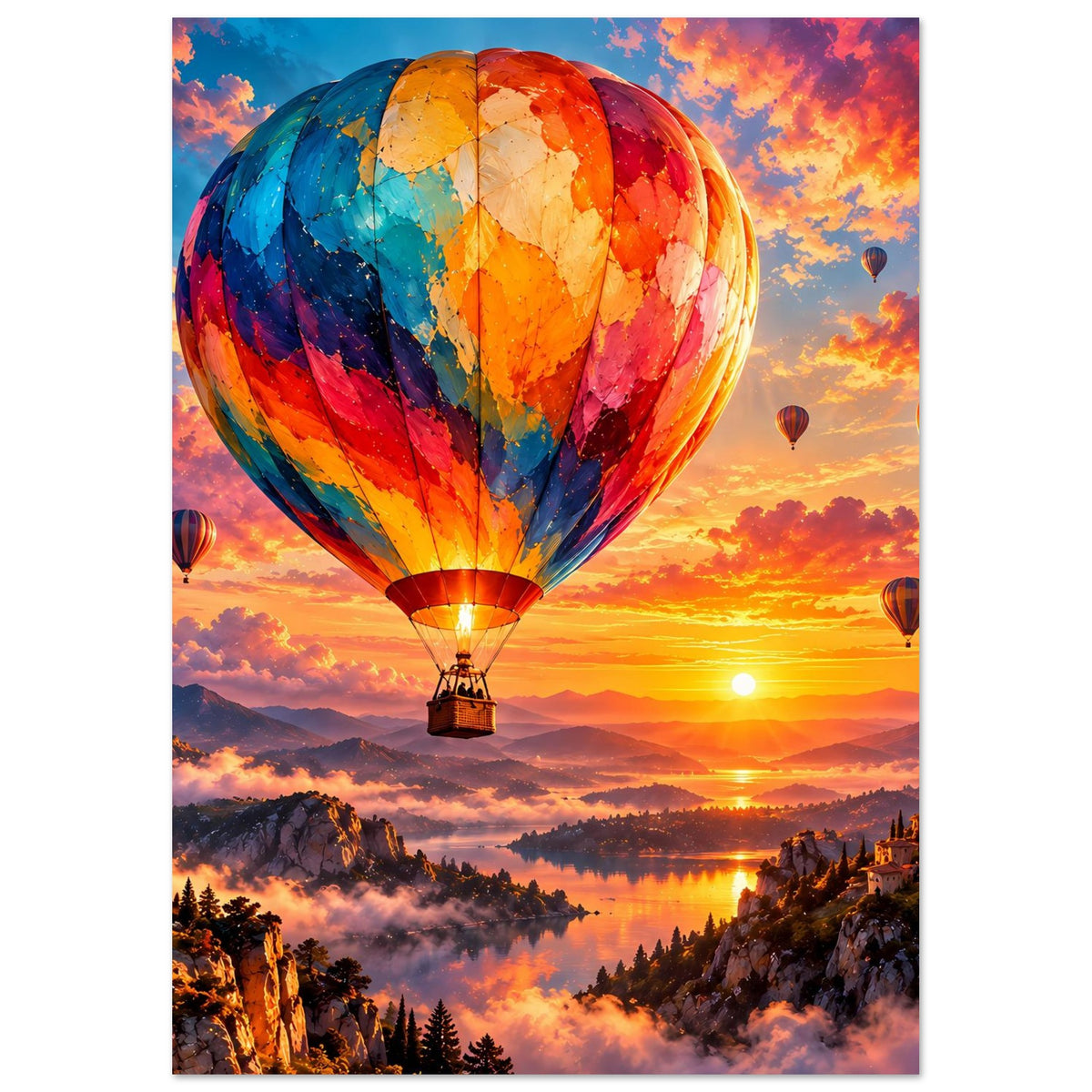 Wandposter mit Heißluftballonkorb in der Mitte und tiefem Sonnenuntergang über Wolken
