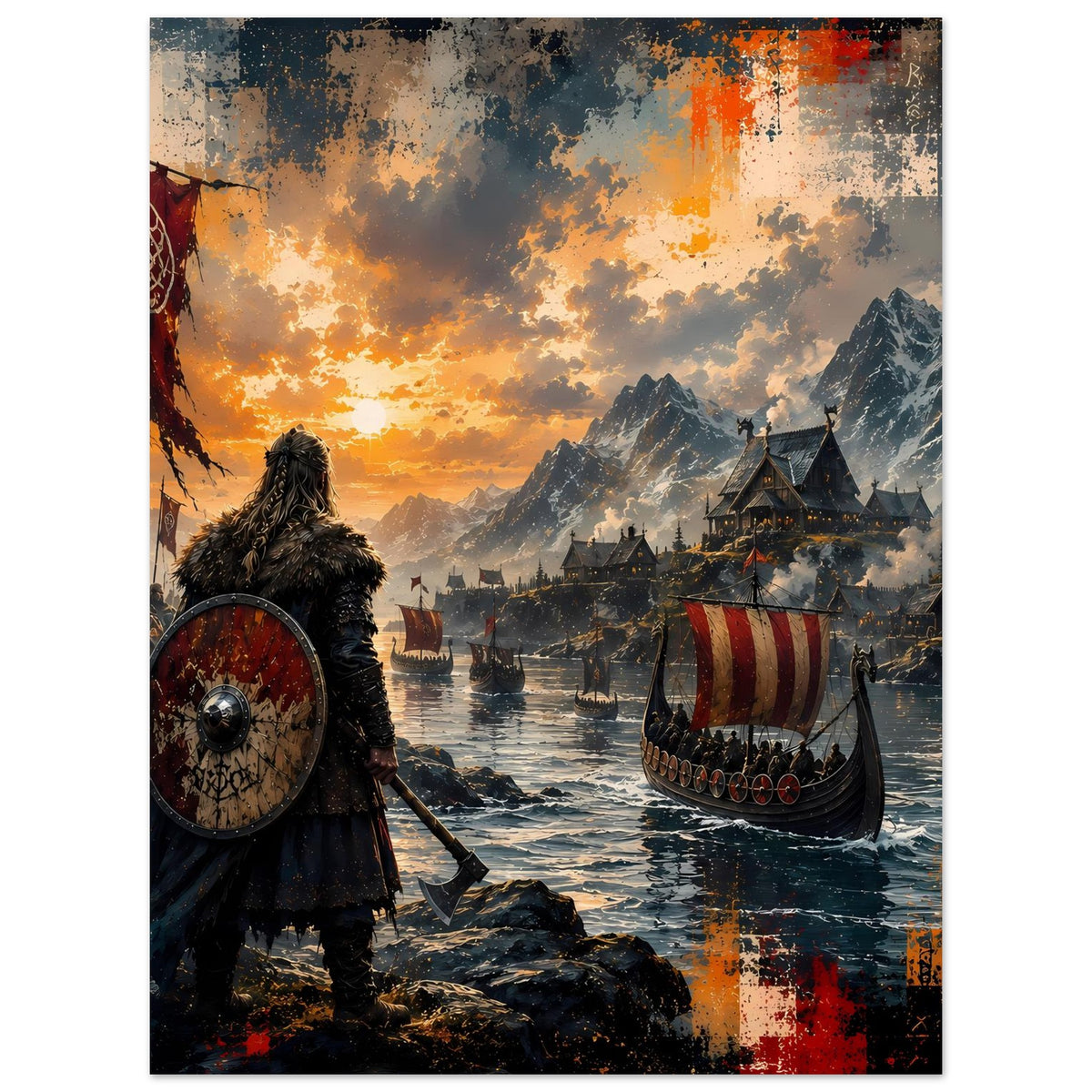 Wikinger-Poster: Krieger mit rundem Schild und Langschiff im dramatischen Sonnenuntergang