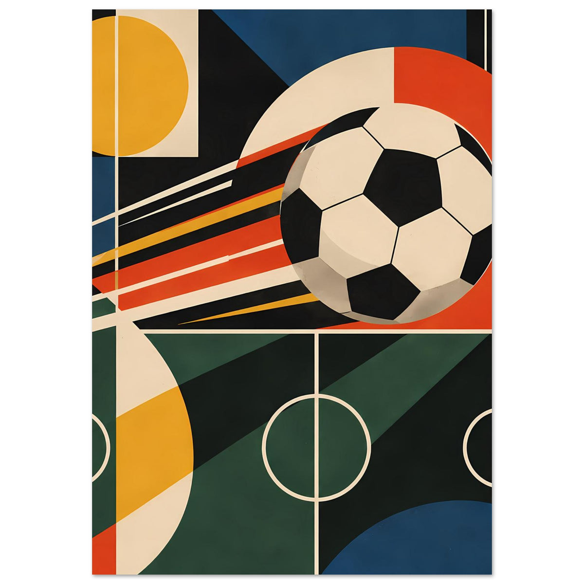 Geometrisches Fußballkunst-Poster mit Ballmotiv und Mittellinie, Farbflächen in Blau, Grün, Rot