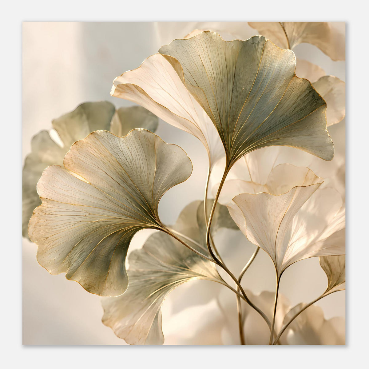 Botanisches Blätterposter, quadratisch gerahmt: cremefarbene Blätter mit goldenen Akzenten