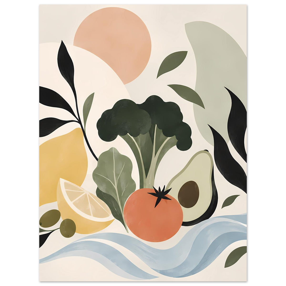 Abstraktes Botanik-Poster: orange Tomate, schwarze Umrisse, grüne Blätter und blaue Wellen unten