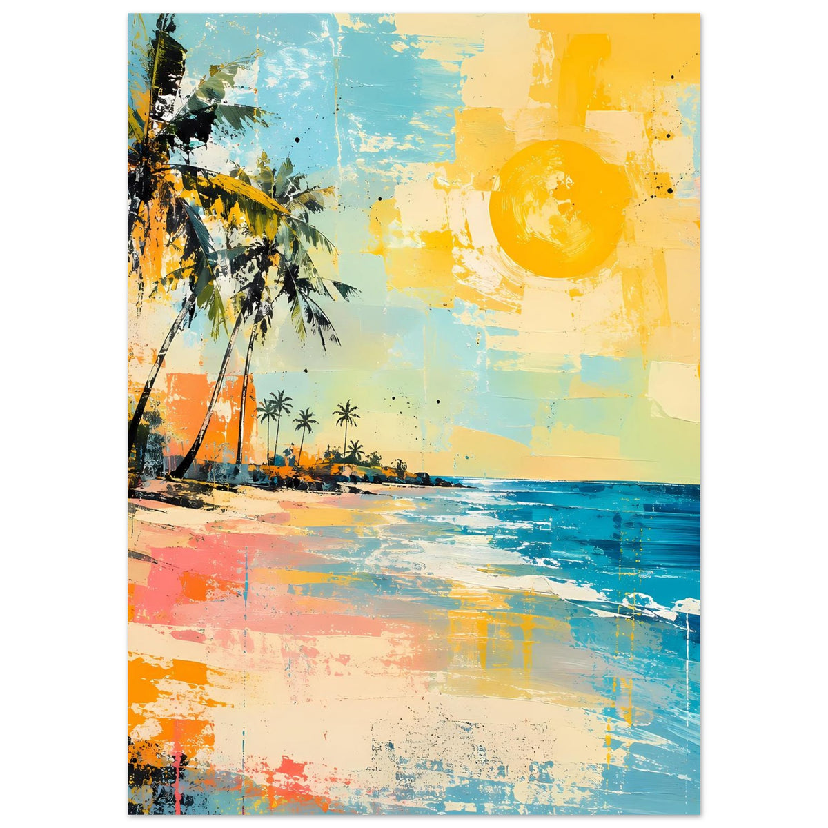Strandposter im Hochformat mit Palme und Sonne; Türkis, Orange, Gelb