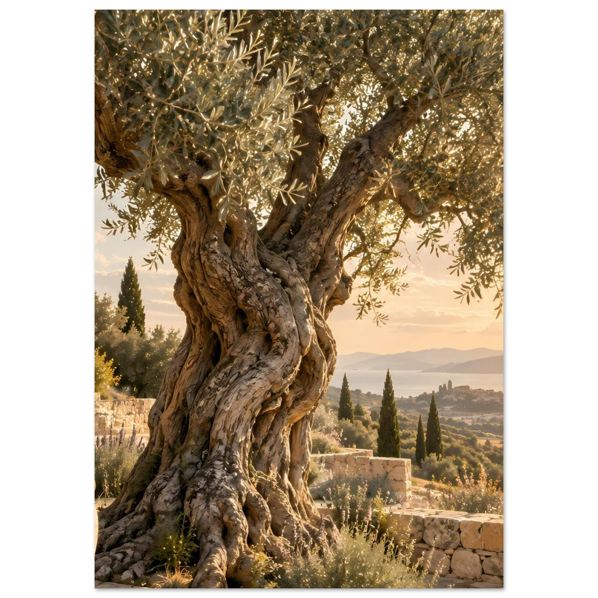 Poster mit Olivenbaum und weit verzweigten Ästen, warmes mediterranes Hügelpanorama
