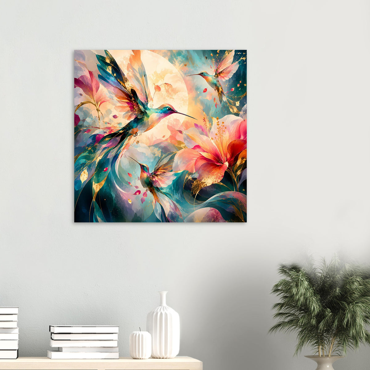 Quadratisches Kunstposter mit Kolibri und Blüten, leuchtende Farben im Farbverlauf