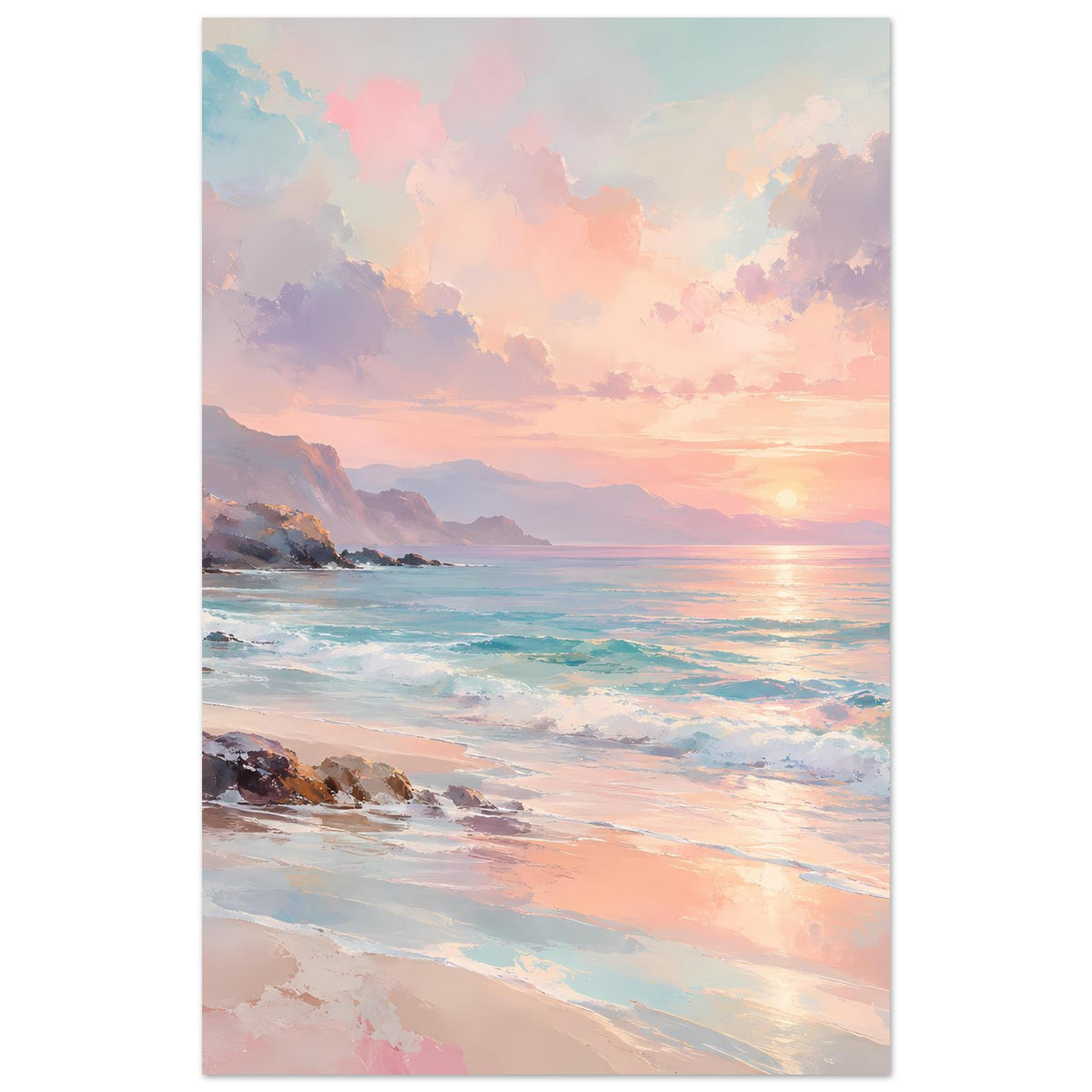 Poster mit Küste bei Sonnenuntergang, Meerblick und weichem Wolkenhimmel