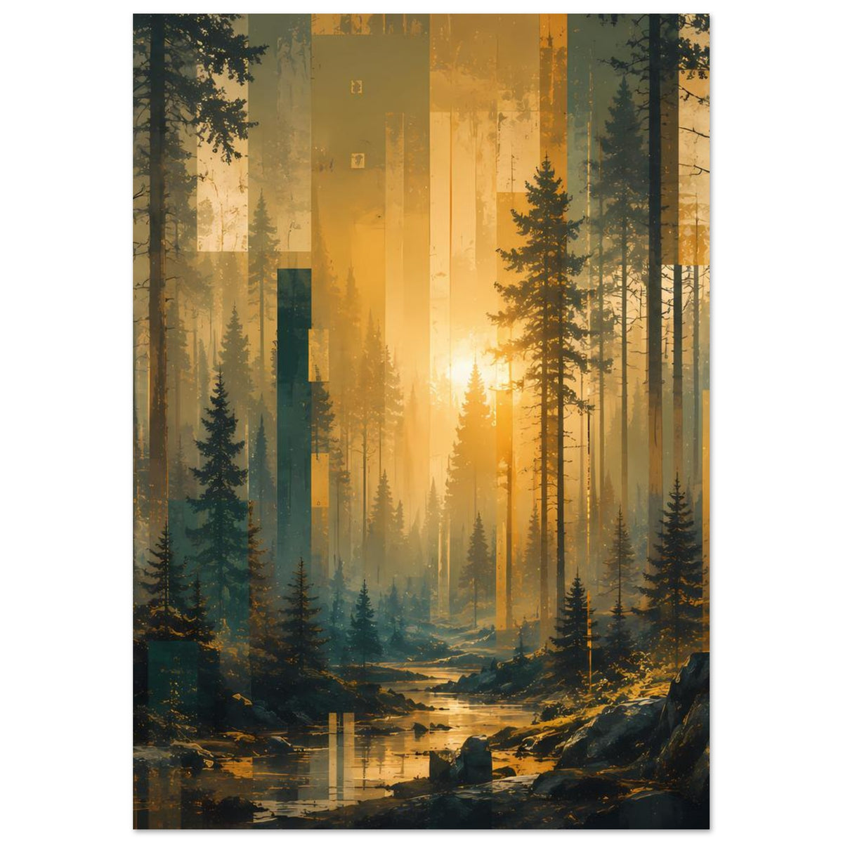 Wandposter mit Waldlichtung im Sonnenaufgang, hohe Baumstämme und goldgelbe Strahlen