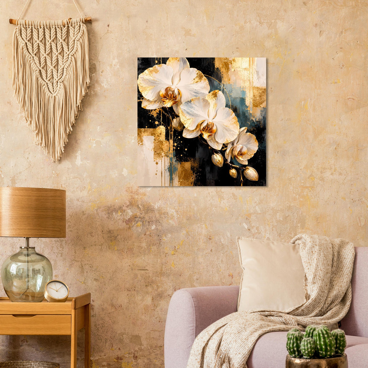 Poster mit weißen Orchideen und goldenen Akzenten, klein in der Wandansicht
