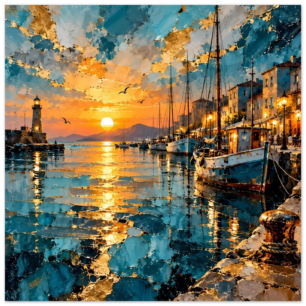 Hafen-Sonnenuntergang Poster mit strukturierter Palette-Knife-Optik, blaue und goldene Farbfelder