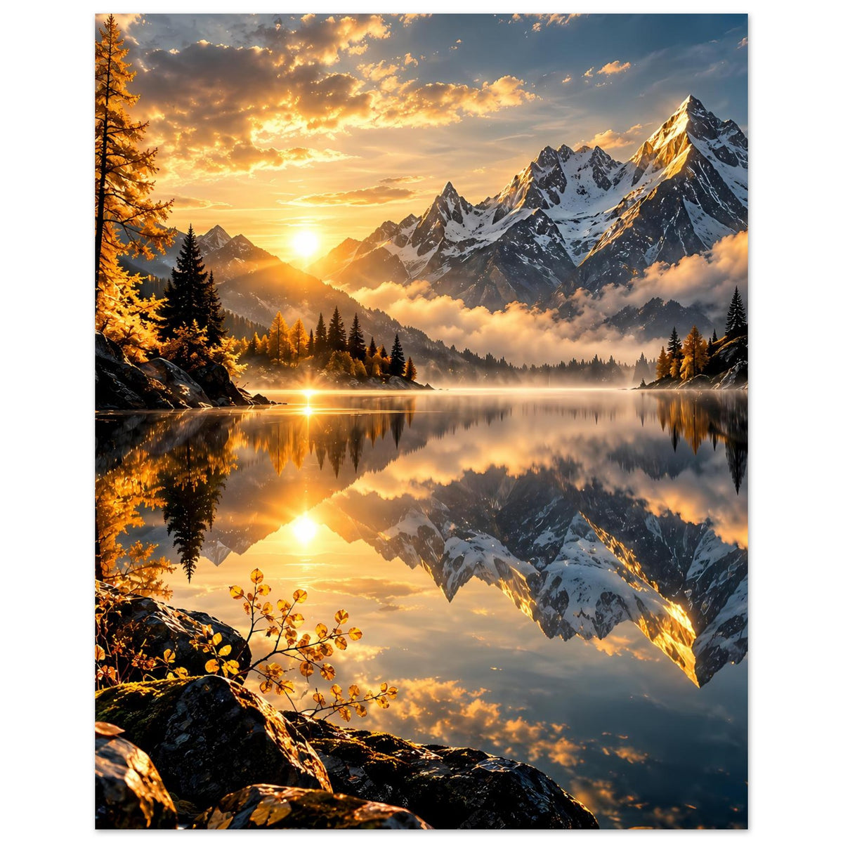 Wandposter mit Sonnenaufgang über Nebel, schneebedeckten Bergen und spiegelndem See