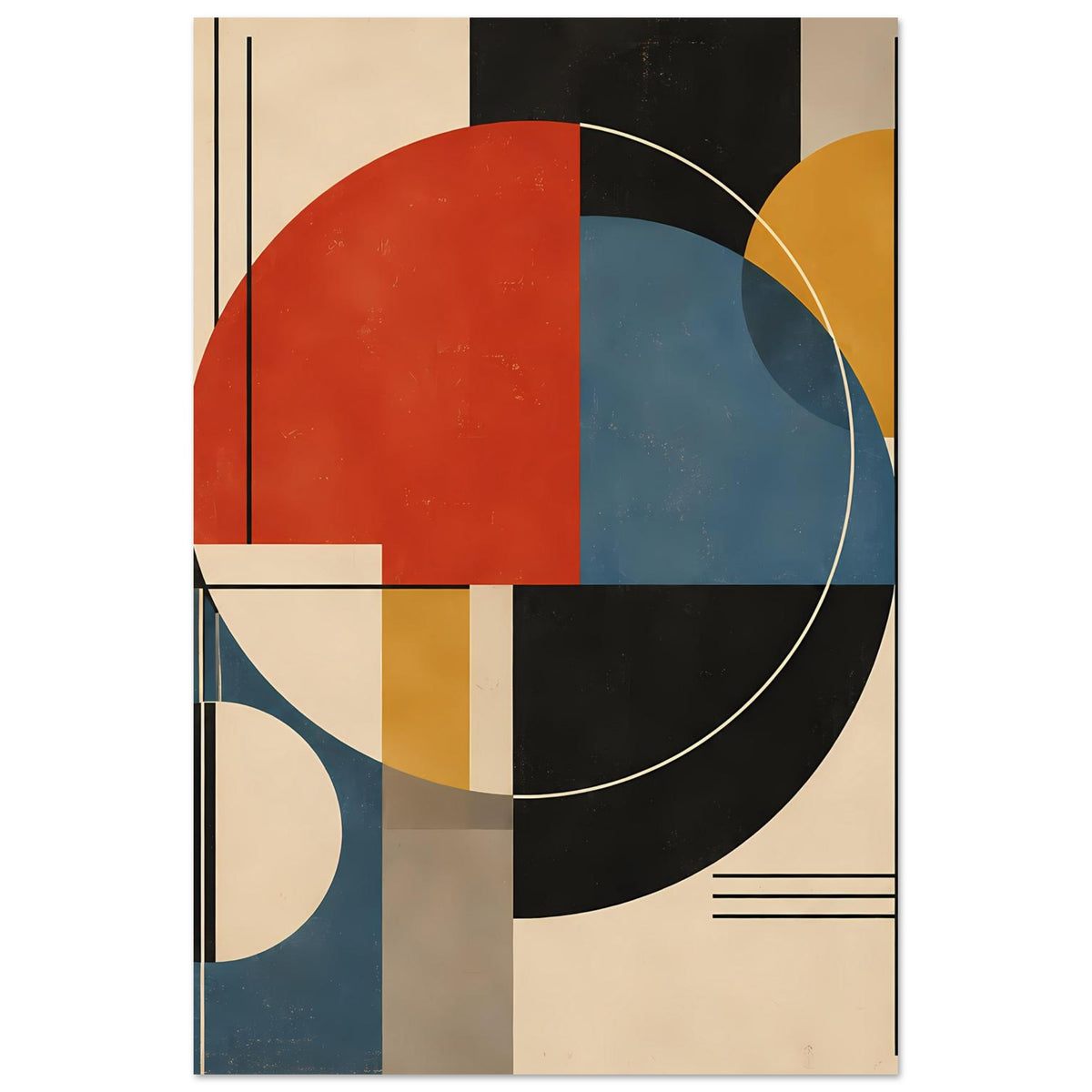 Geometrisches Abstract-Poster mit Kreisen und Rechtecken in Rot, Blau, Gelb und Schwarz