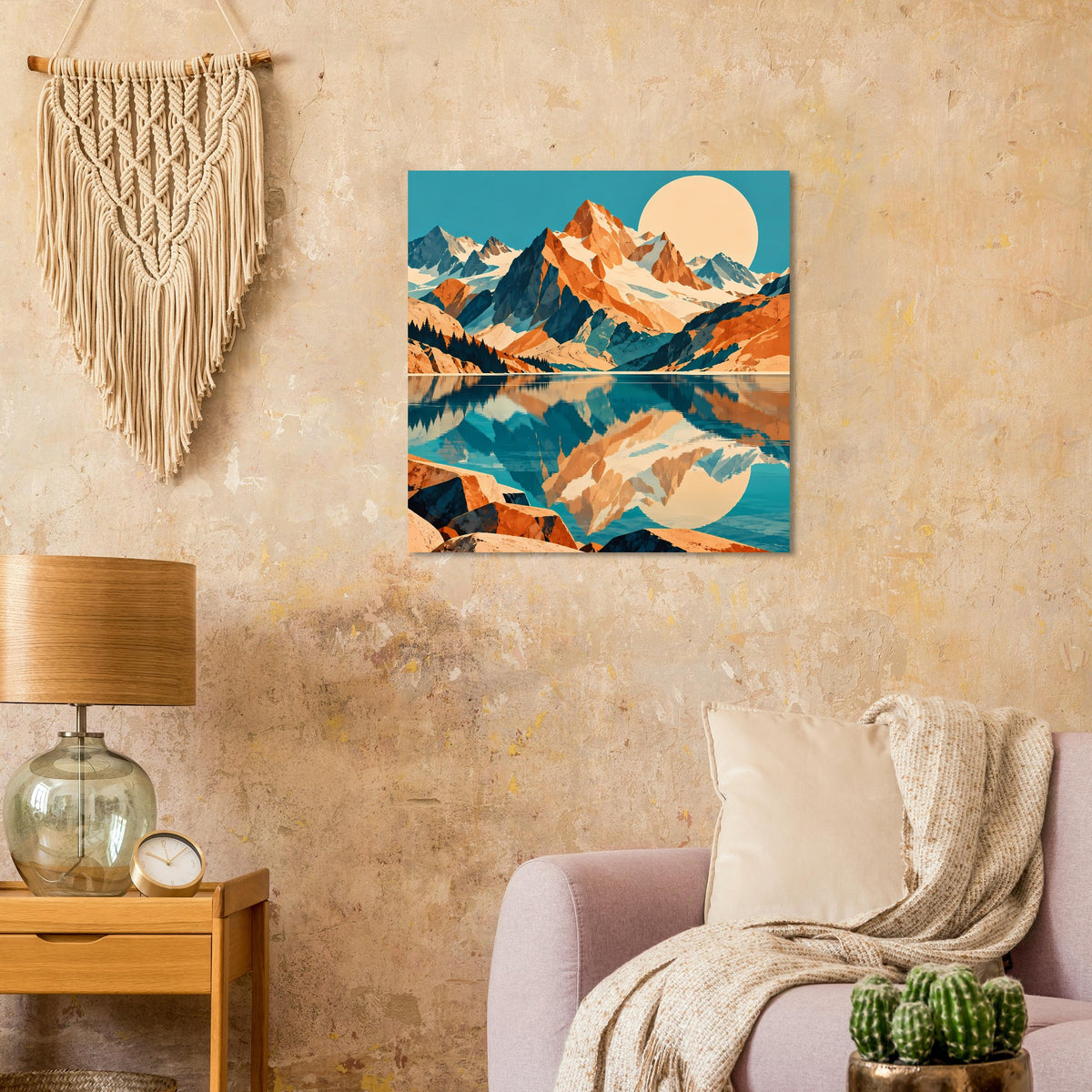 Quadratisches Naturposter: Berglandschaft mit See-Spiegelung und Sonne in Blau/Orange