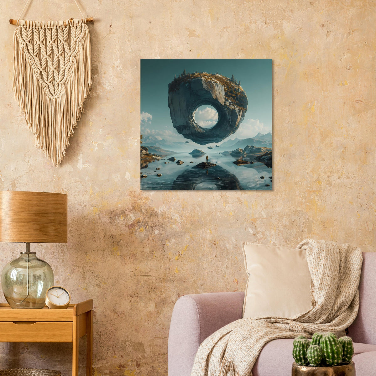 Quadratisches Poster mit schwebendem Felsring und kreisförmigem Loch über felsiger Wasserfläche