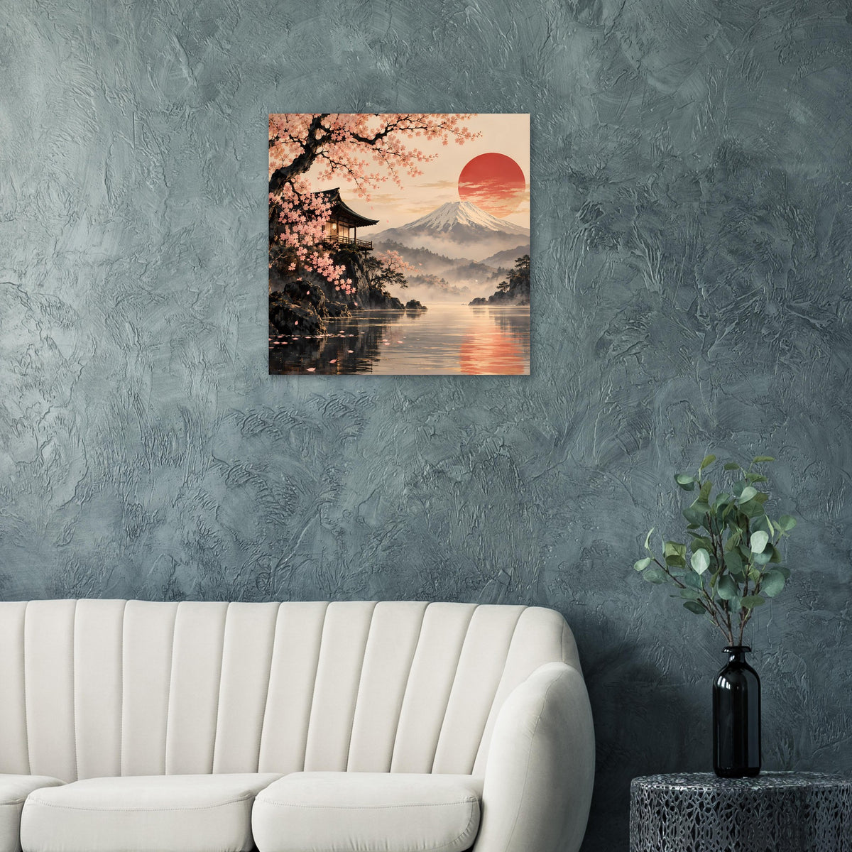 Quadratisches Wandposter: Kirschblüten am Vordergrund, Berg Fuji, roter Sonnenkreis und Wasserreflex