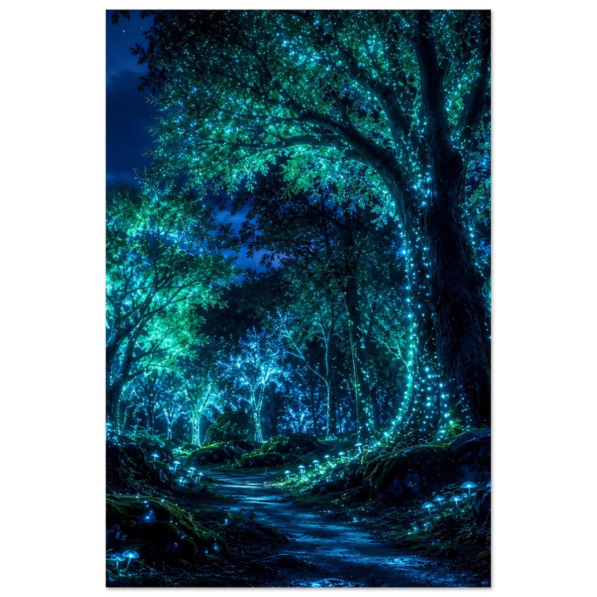 Waldposter im Hochformat mit Baumkrone im türkis-blauen Licht und leuchtendem Pfad