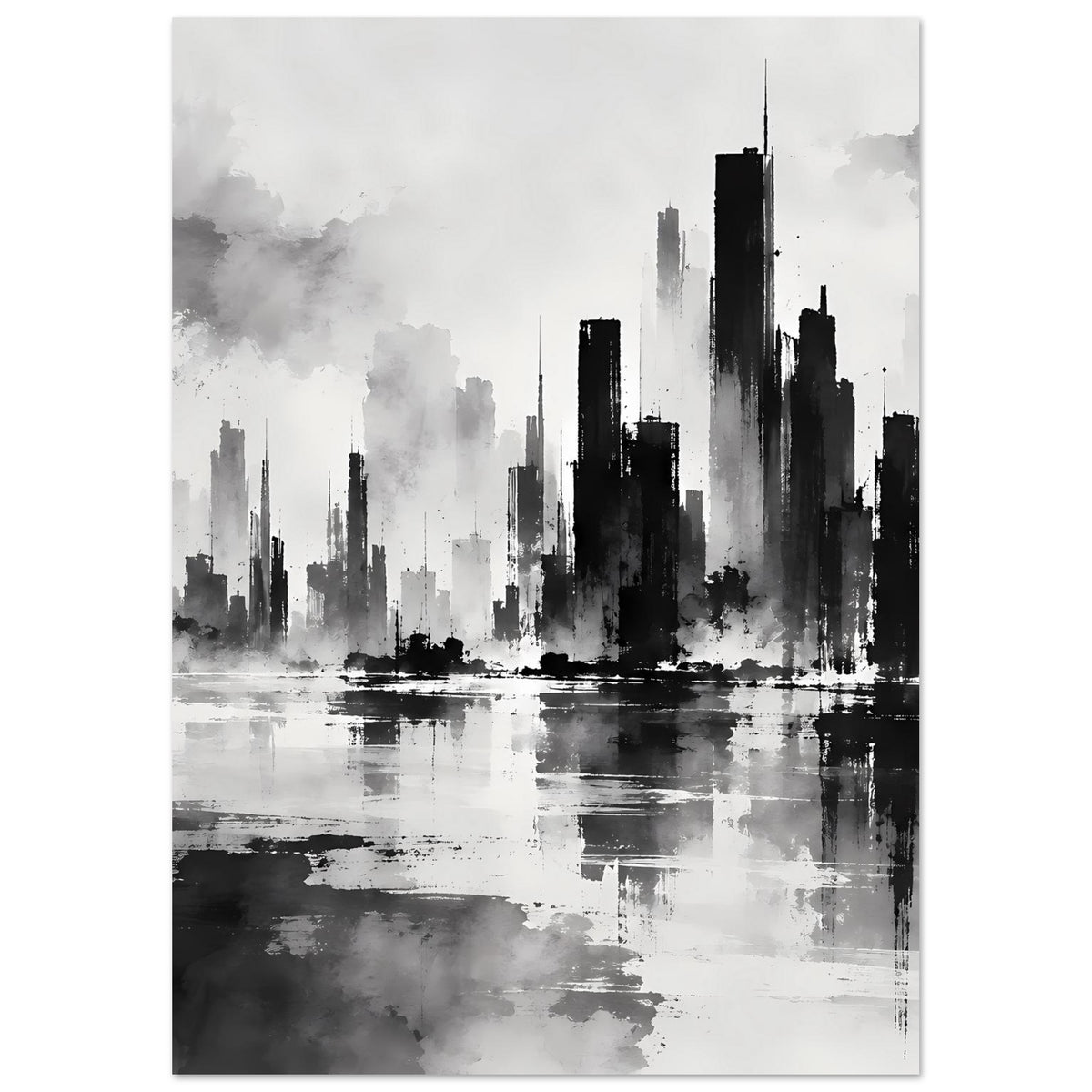 Schwarzweiß-Poster: hoher City-Look mit Wasserfläche und klarer Spiegelung