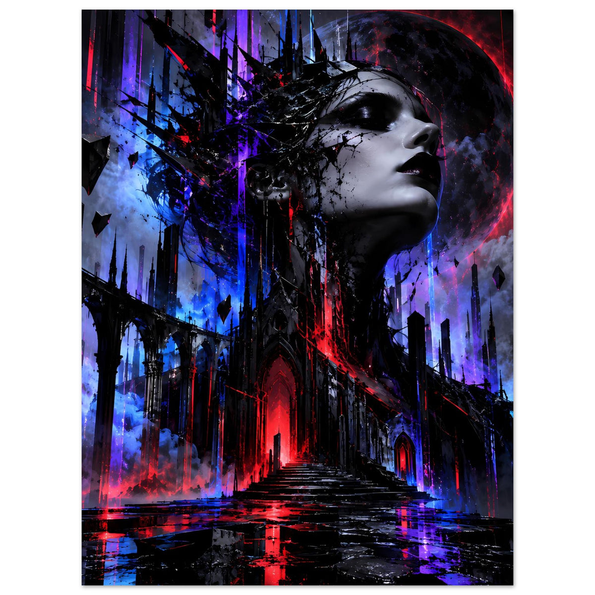 Gothic-Fantasy-Poster im Hochformat: Frauenprofil in Schwarz, umgeben von Neonrot und Blau