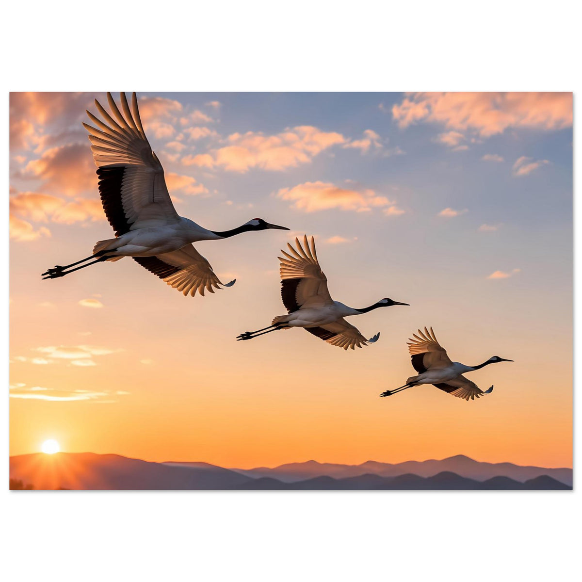 Horizontales Poster mit fliegenden Kranichen im Abendhimmel über Bergzügen