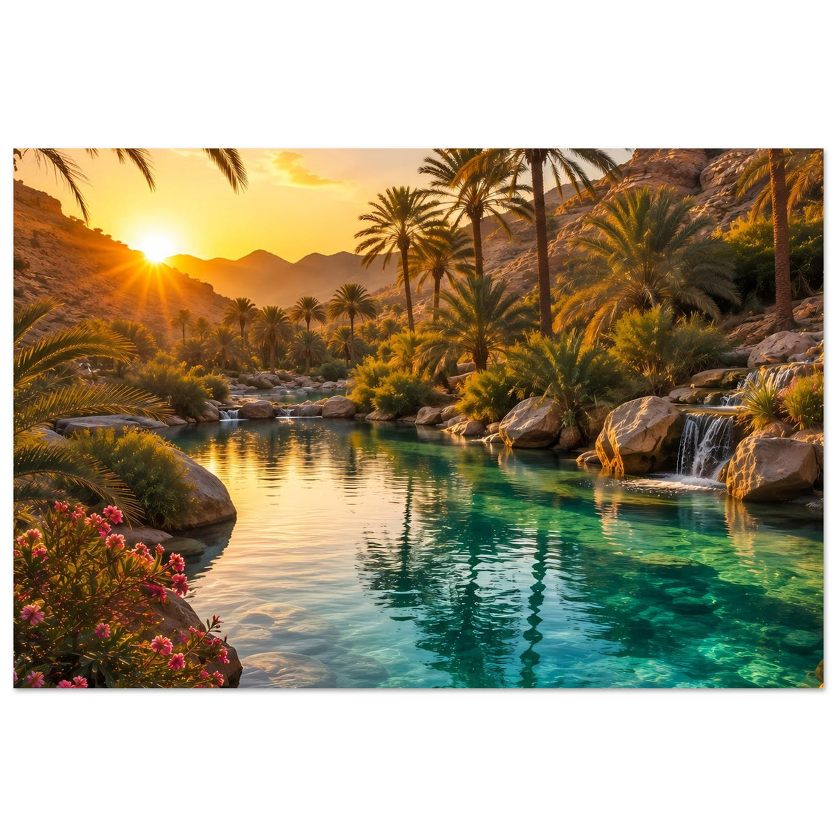 Tropen-Poster: Sonnenuntergang über Palmen, türkisfarbenes Wasser und Wasserfall im Vordergrund