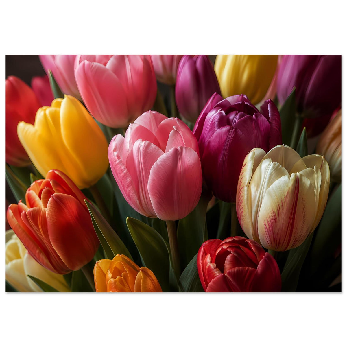 Tulpenstrauß-Poster im Querformat mit bunten Tulpen in Pink, Gelb, Rot und Creme