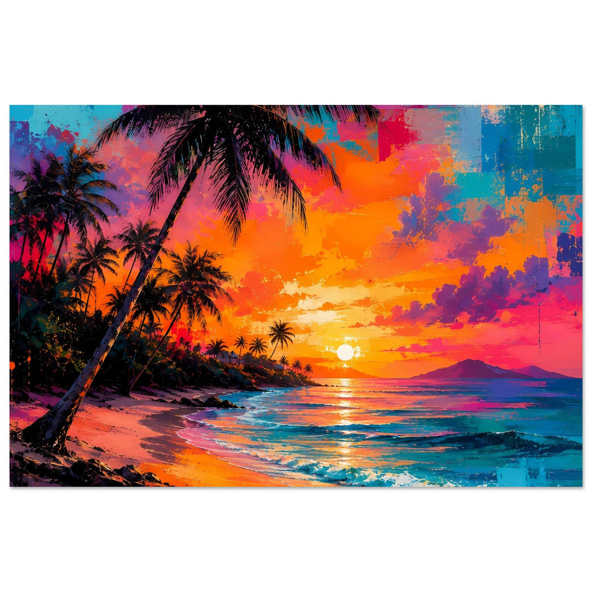 Querformat-Poster mit Neon-Farben: Palmenstrand, Sonnenuntergang und reflektierendes Wasser