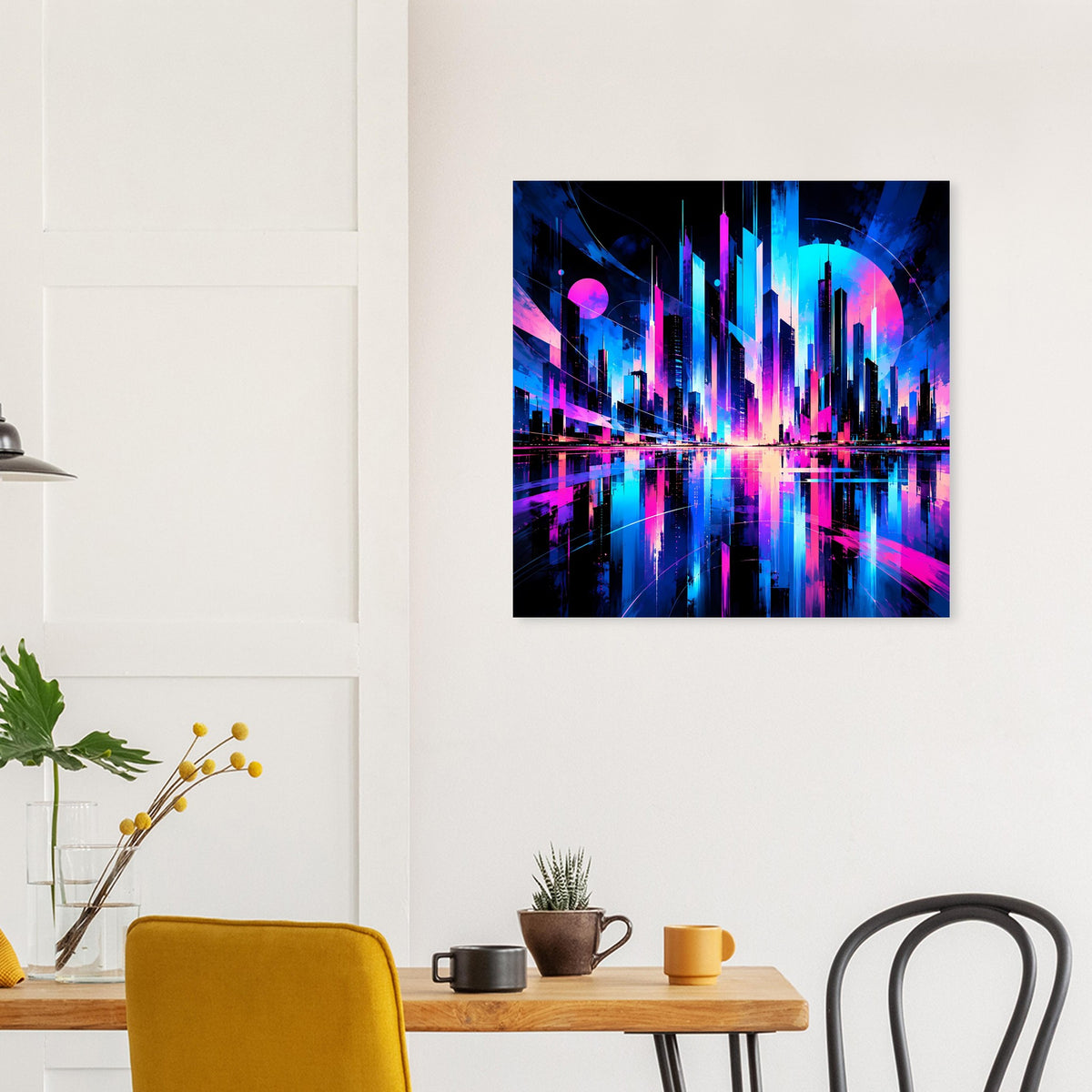 Quadratisches Poster mit futuristischer Neon-Stadt in kräftigem Blau und Pink, spiegelnde Effekte