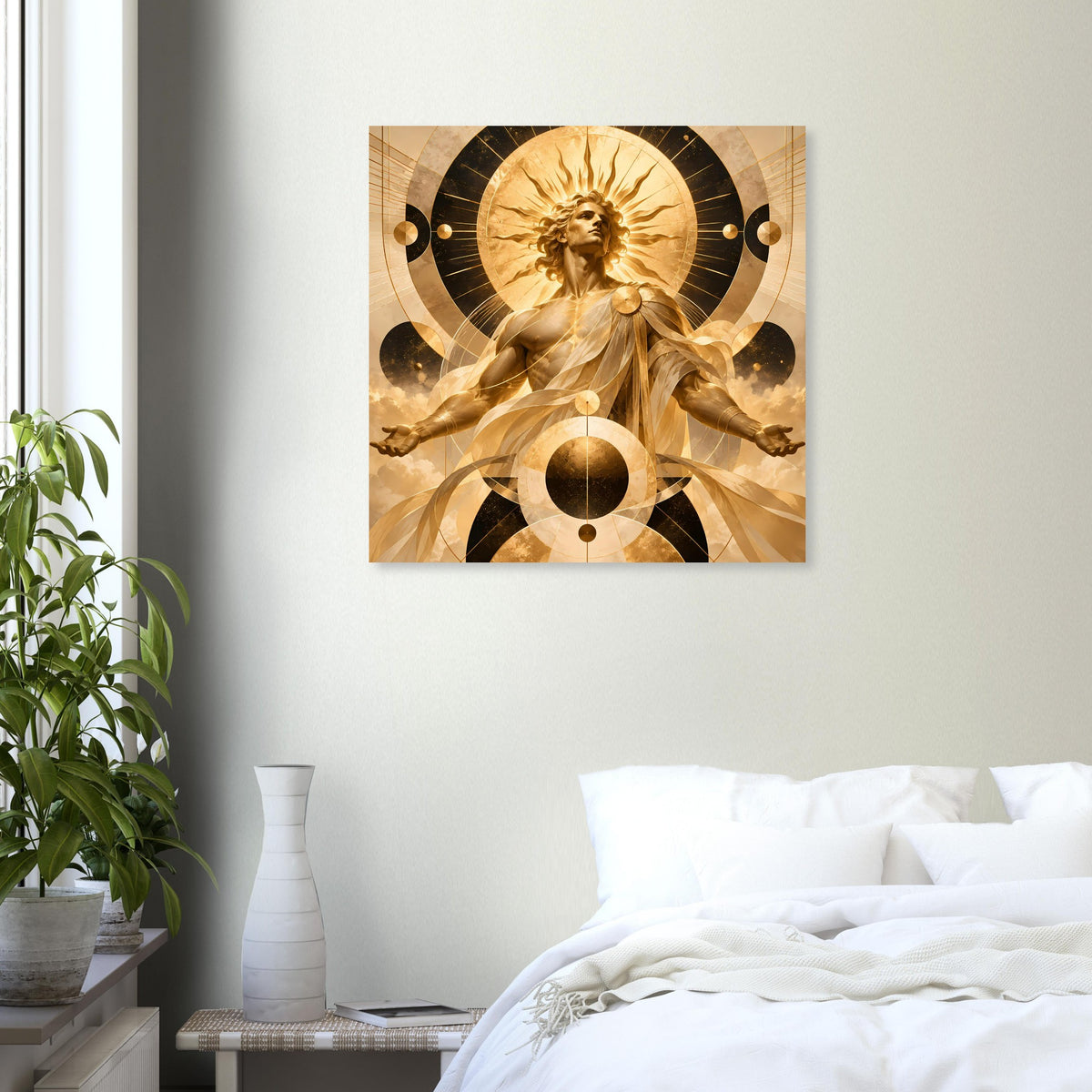 Quadratisches Poster mit goldener Figur und schwarzen, dekorativen Kreisen im Strahlen-Look