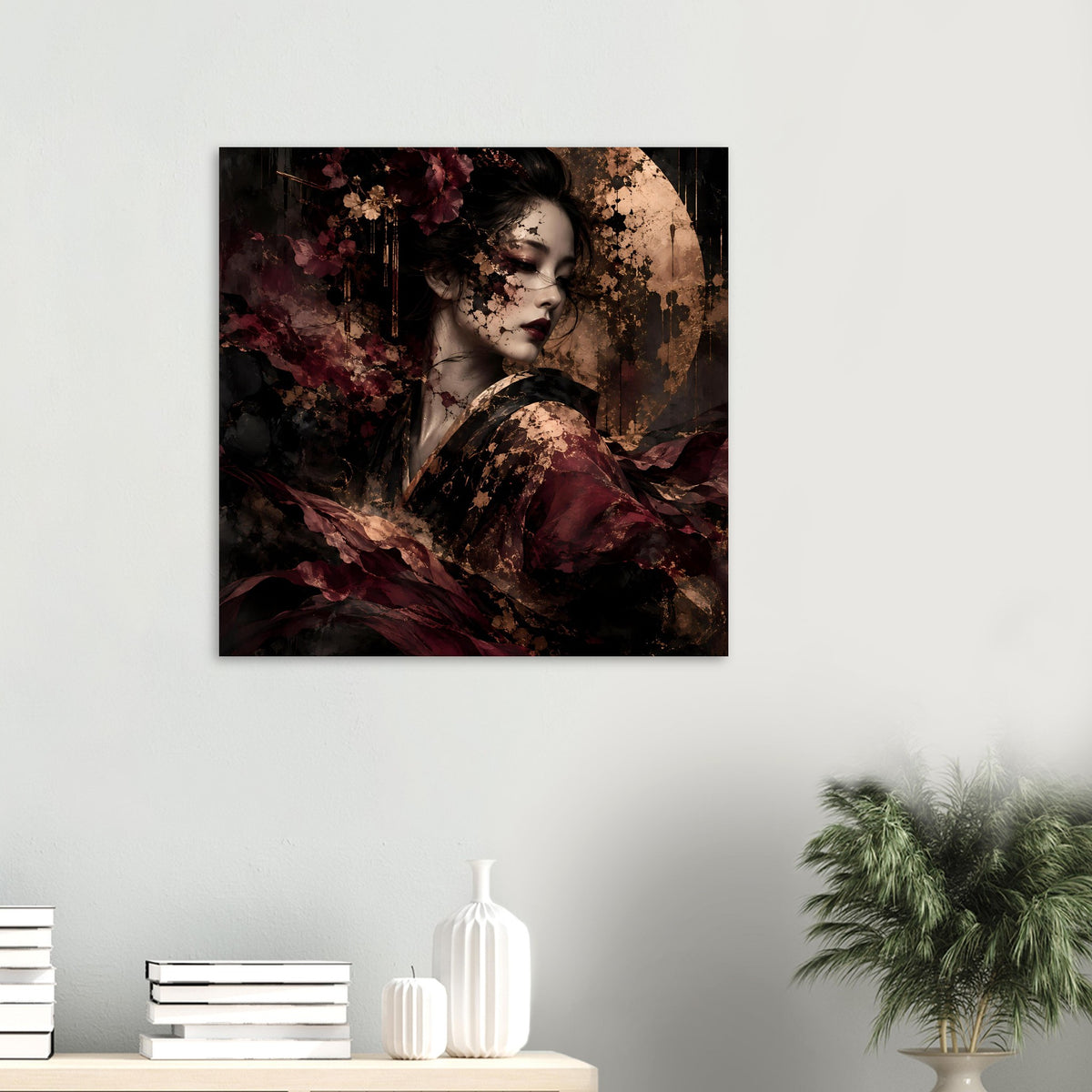 Quadratisches Kunstposter: dunkles Frauenporträt mit goldenen Sprenkeln in Bordeaux und Schwarz