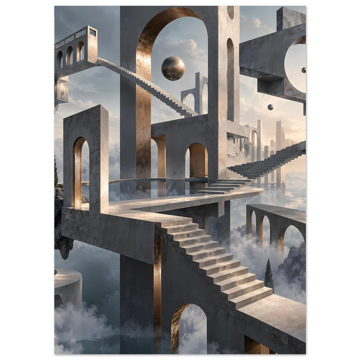 Architekturposter: Treppe und Torbögen aus Beton, goldene Öffnung im Bogen, Kugel