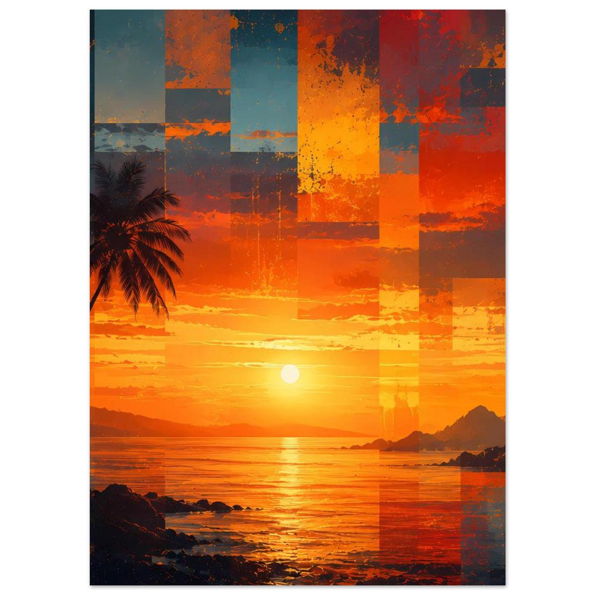 Kunstposter mit tropischem Strand bei Sonnenuntergang, Palmenbaum links, Sonne und Farbflächen