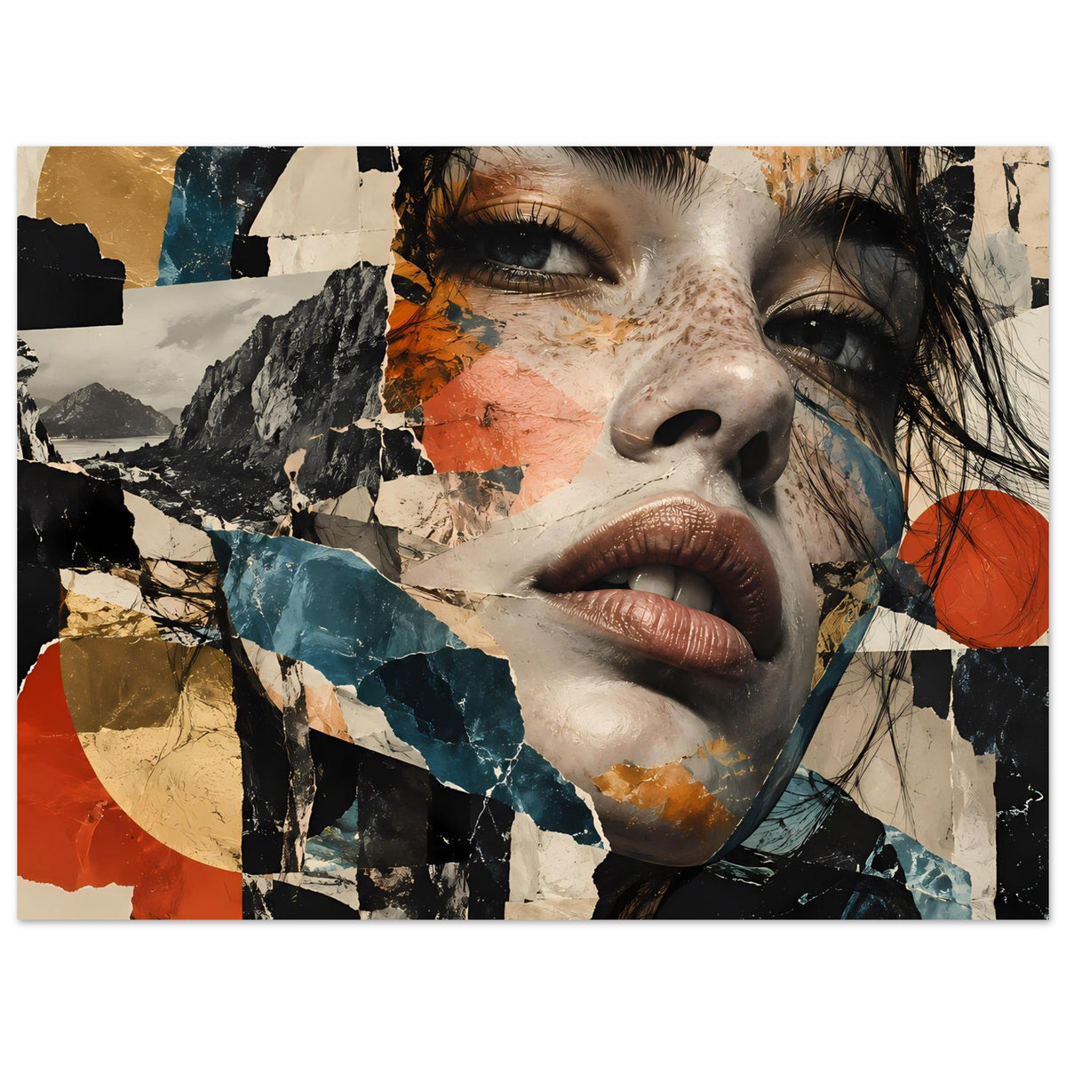 Poster mit abstraktem Collage-Gesicht, Frau, kräftige Farbflecken in Terrakotta und Blau.