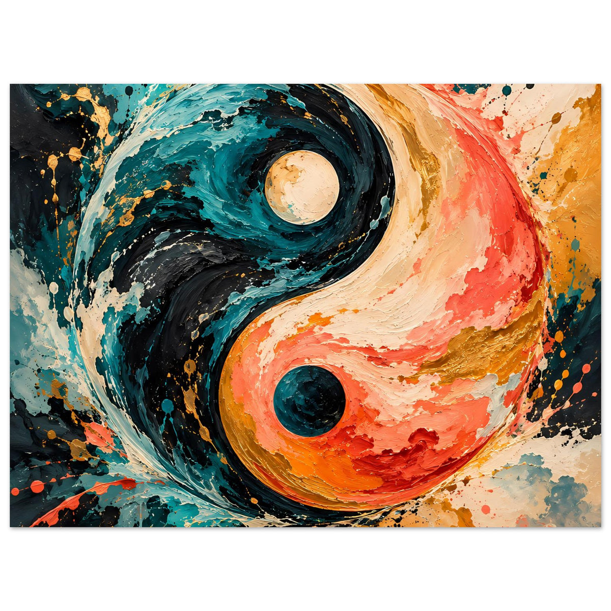 Abstraktes Yin-Yang-Poster im Querformat, kräftige Yin-und-Yang-Kreise in Teal und Rot
