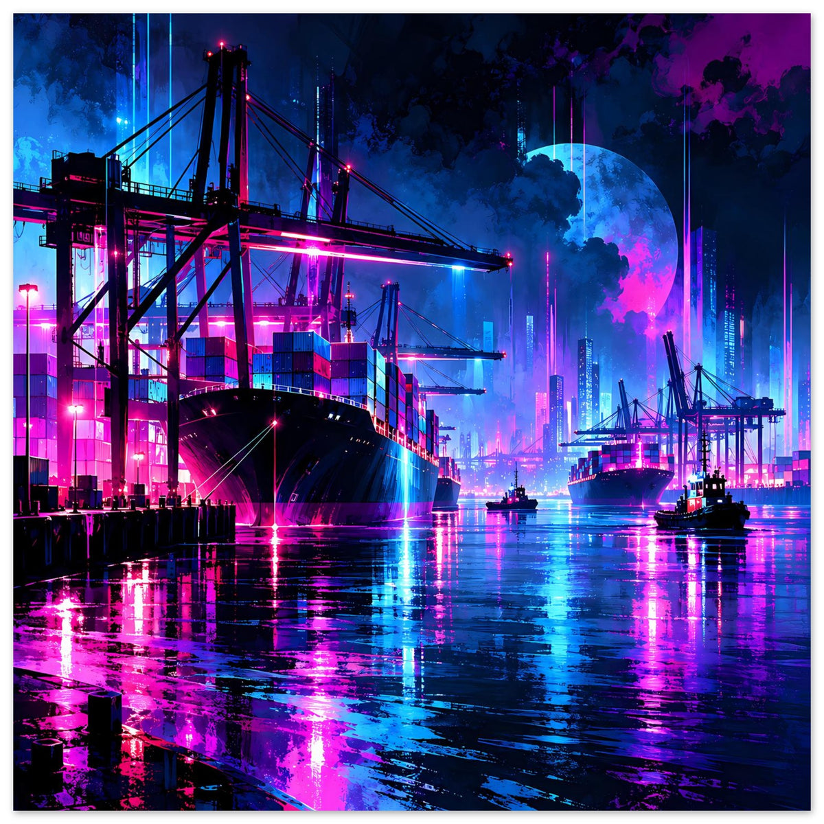 Neonhafen-Poster mit Hafenkränen, Brücke und türkis-magenta Beleuchtung, spiegelnd im Wasser.