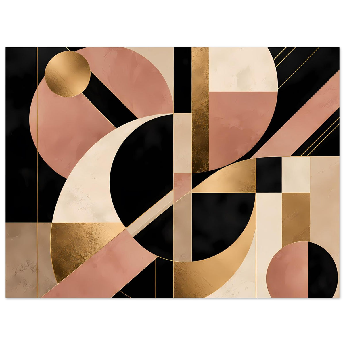 Abstraktes Art-Deco-Poster in Schwarz, Blush und Beige mit goldenen Flächen, Kreisen und Streifen.
