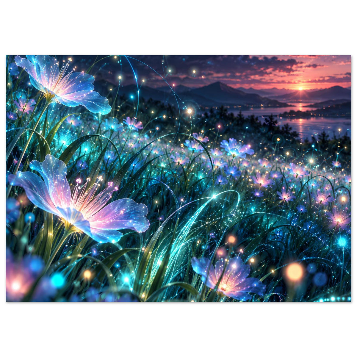 Leuchtendes Blumenposter mit blau-violetten Blüten, umrankten Stielen und funkelndem Lichtregen