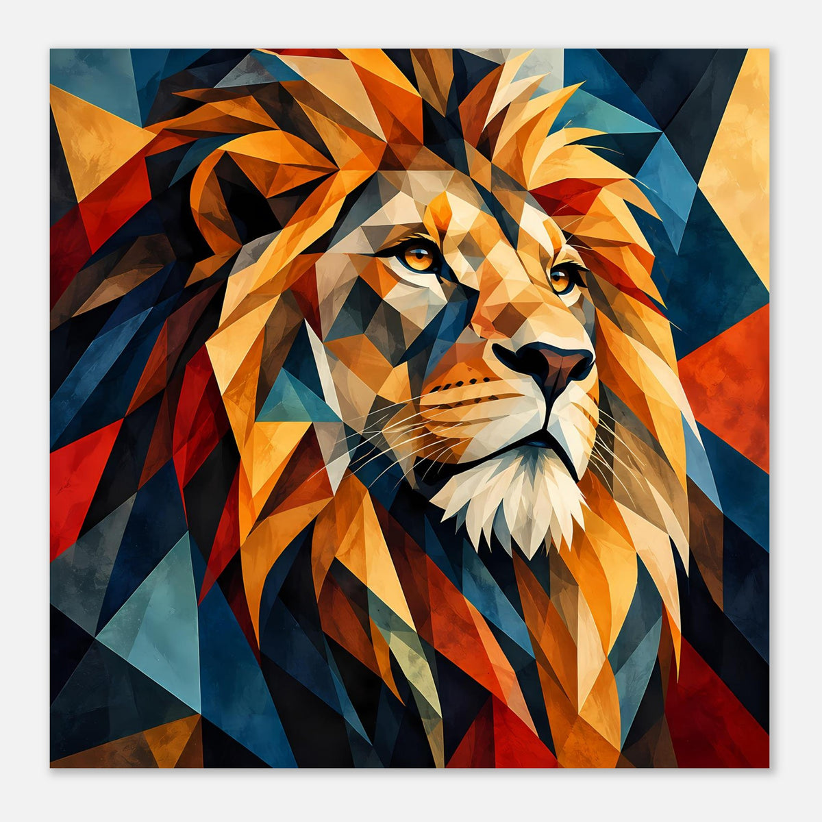 Geometrisches Löwenposter, rechteckig gerahmt, Löwenkopf mit orange-roten Dreiecken.