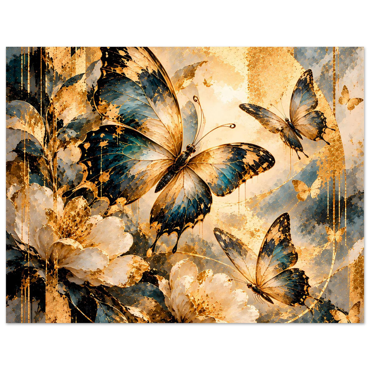 Poster im Hochformat mit mehreren Schmetterlingen im warmen Gold-Blau-Design