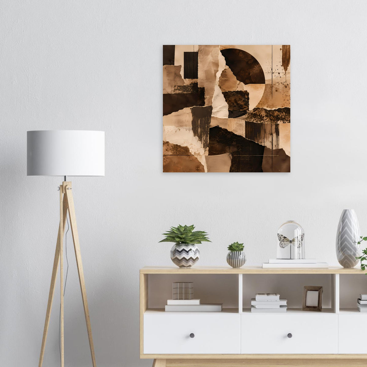 Abstraktes Kunstposter mit warmen Erdtönen in Beige-, Braun- und Schwarzflächen