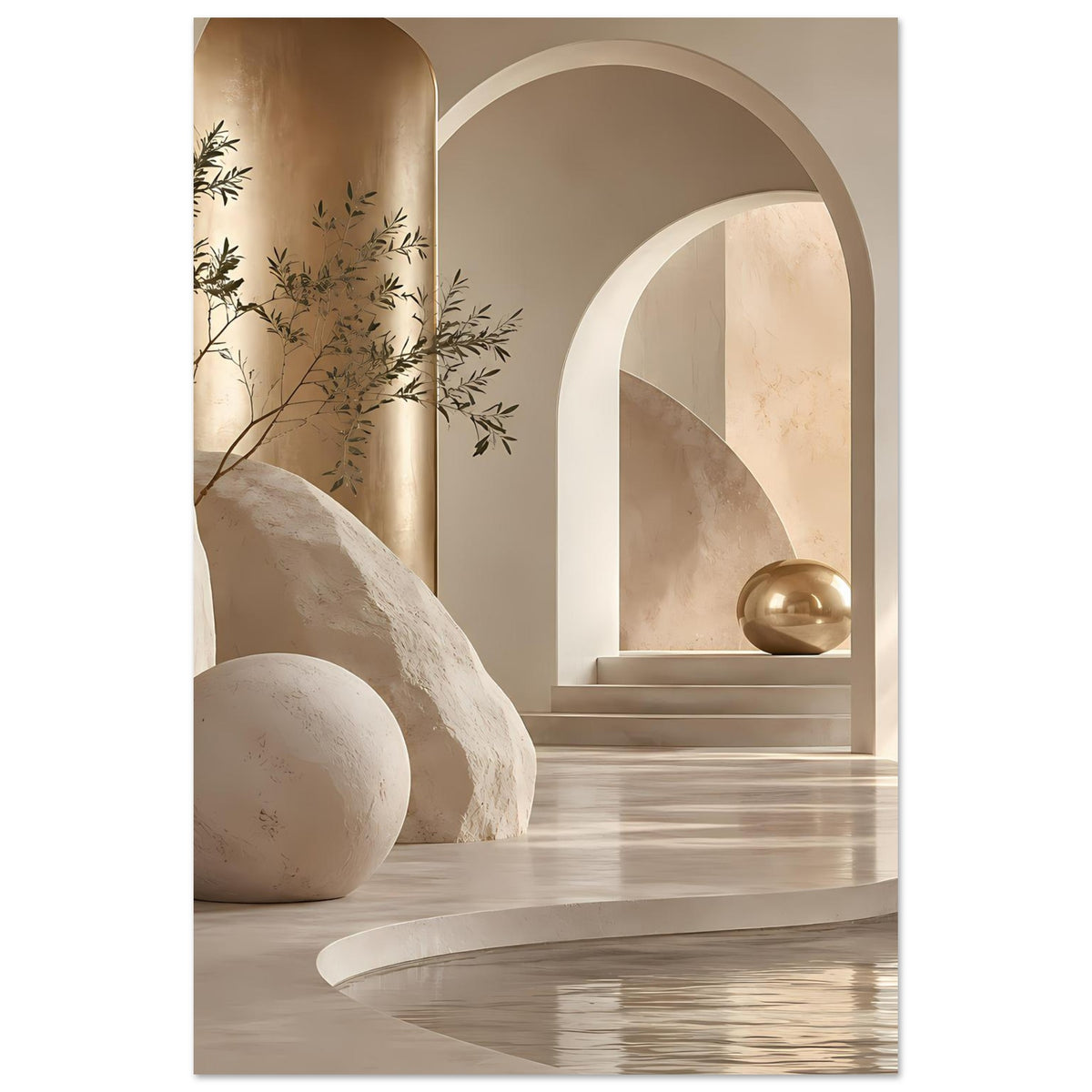 Architekturposter im warmen Sand-Goldton mit Rundbögen, goldener Kugelleuchte und Pflanzen.