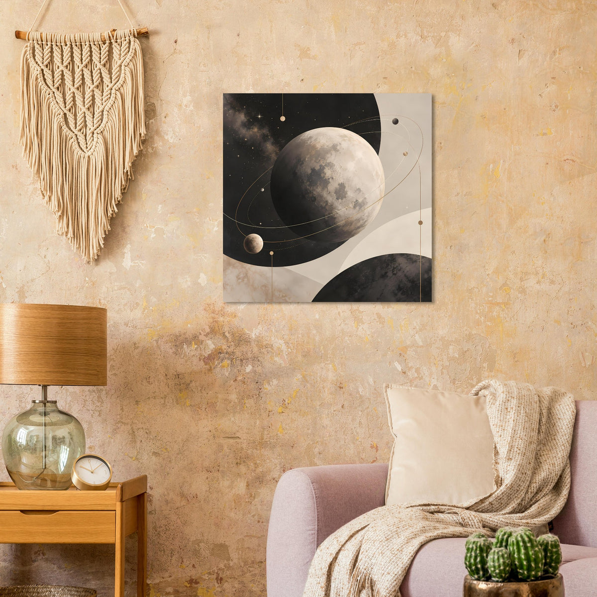 Quadratisches Poster: großer Mond und Sterne vor dunklem Hintergrund, Beige-Akzente