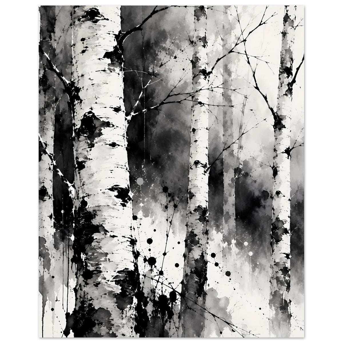 Schwarz-weißes Birch-Wald-Kunstposter mit Baumstämmen und Ästen, klarer weißer Rand im Hochformat