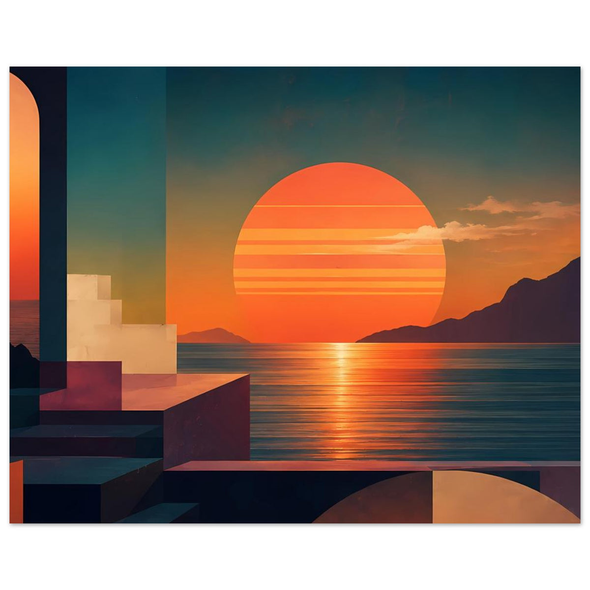 Küsten-Kunstdruck mit großer orangefarbener Sonne, ruhigem Meer und dunklen Blockformen