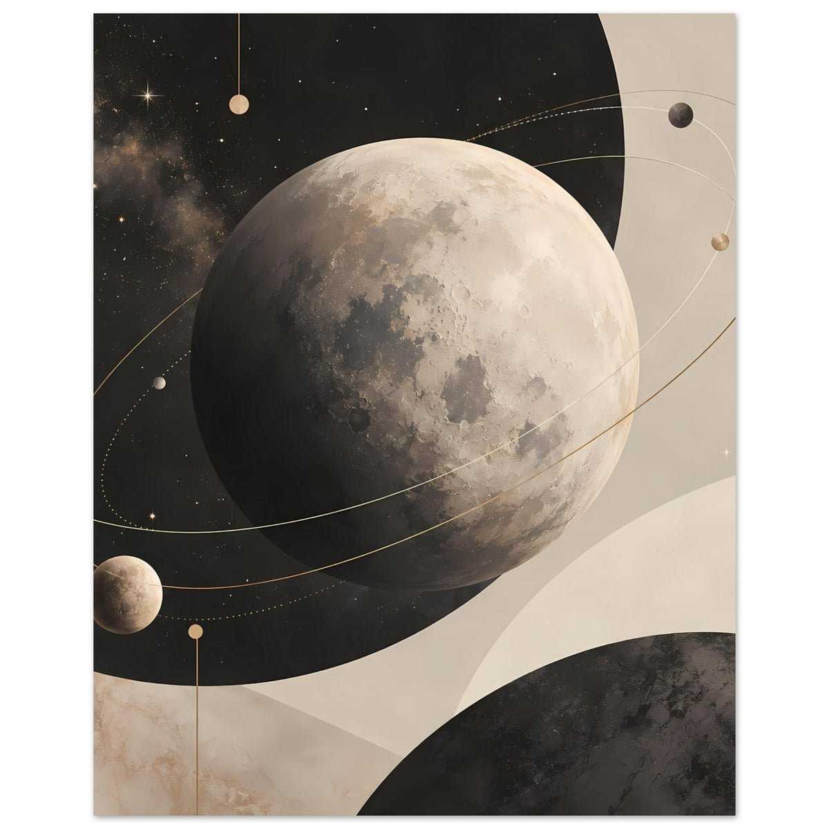 Poster im Hochformat: Mond und Sterne mit goldenen Bahnen sowie kleinen Planeten