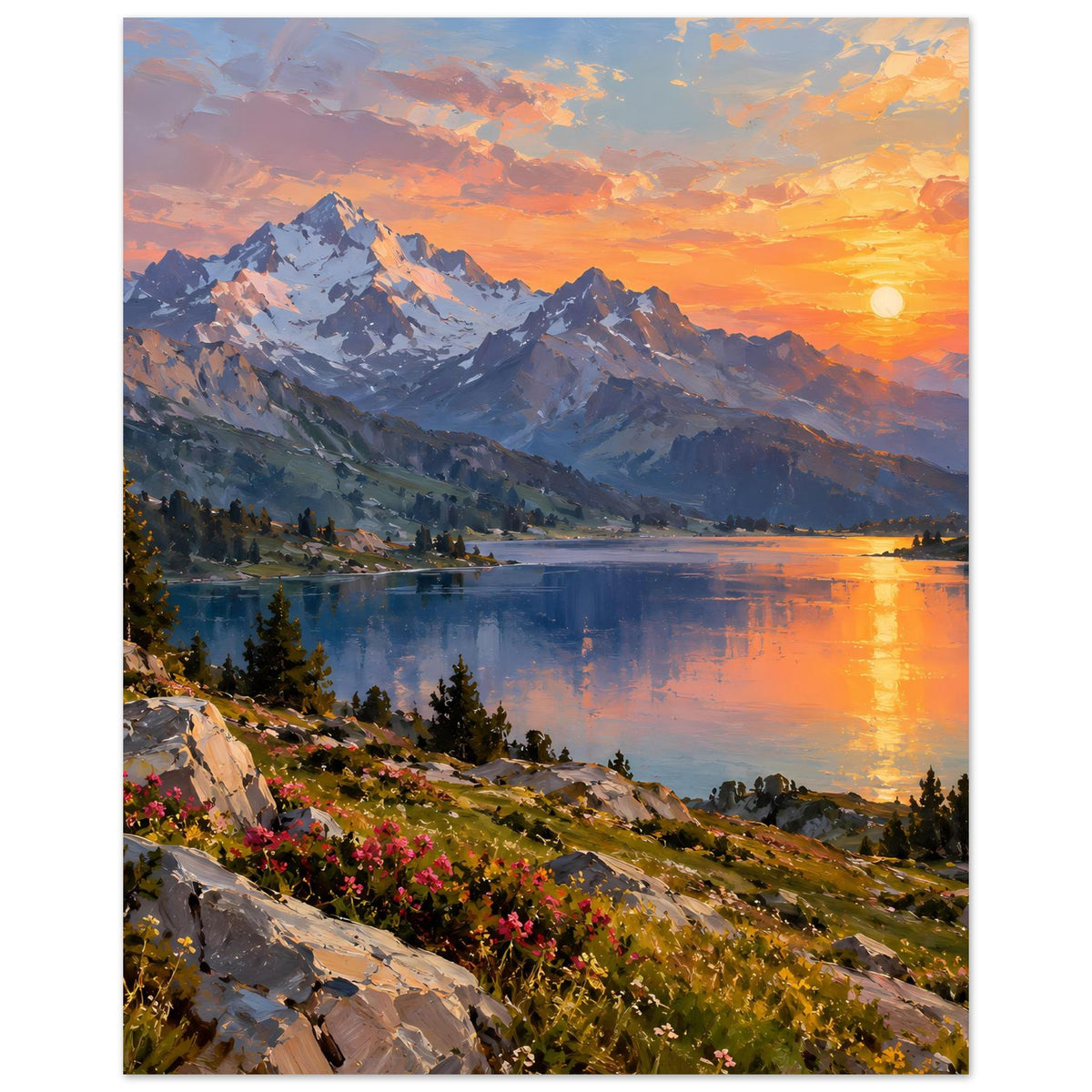 Poster: Bergsee bei Sonnenuntergang mit reflektierender Wasserfläche, schneebedeckten Gipfeln und Sonne