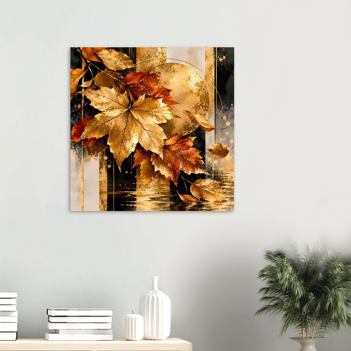 Quadratisches Herbstposter: goldene Ahornblätter vor abstraktem Sonnenmotiv