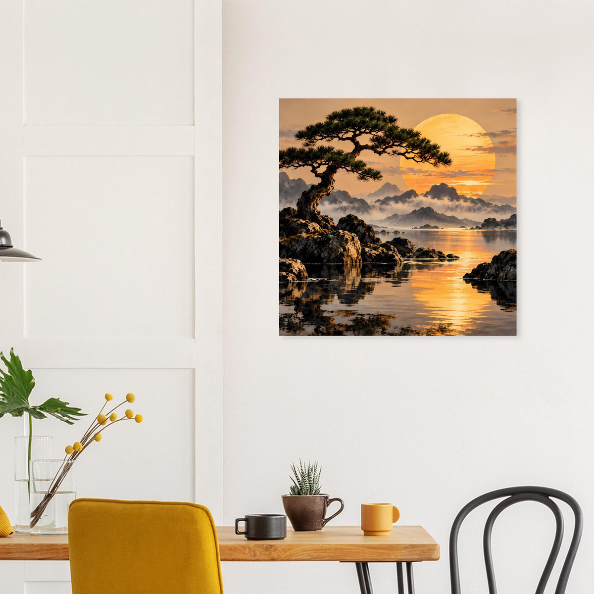 Landschaftsposter mit Baum im Sonnenuntergang über ruhiger Küste