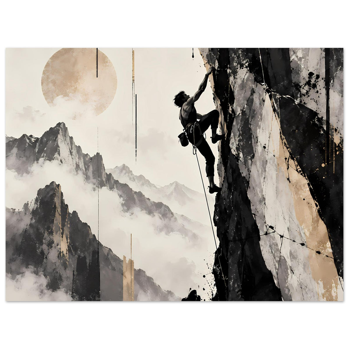Breitformat-Poster mit Bergsteiger am Fels, gedämpfte Farben Grau, Schwarz und Beige