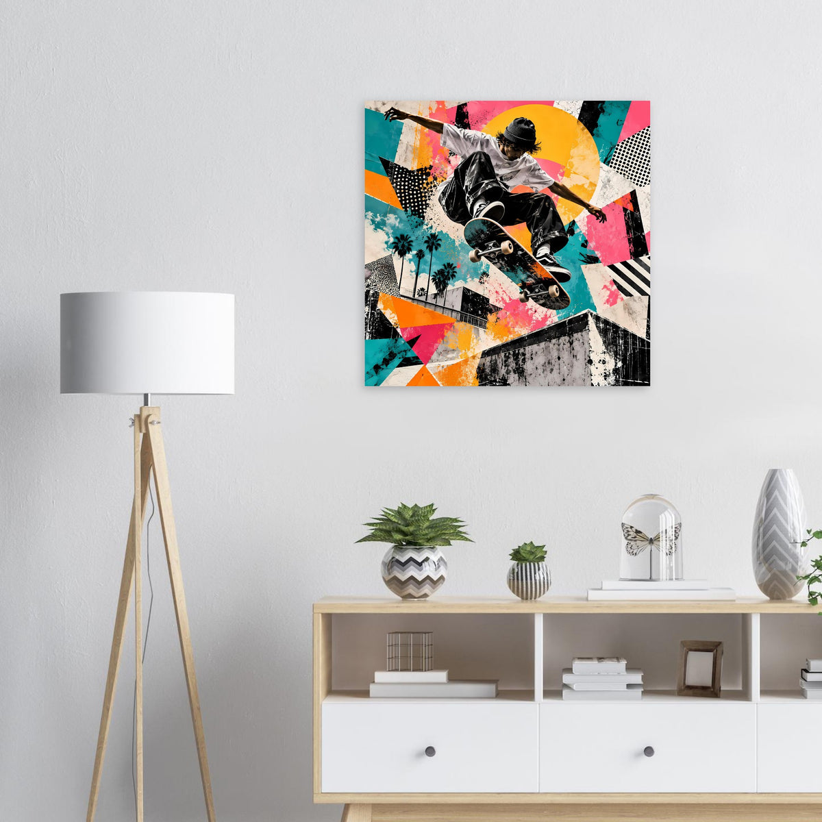 Quadratisches Street-Art-Poster mit Skateboarder in Neonfarben
