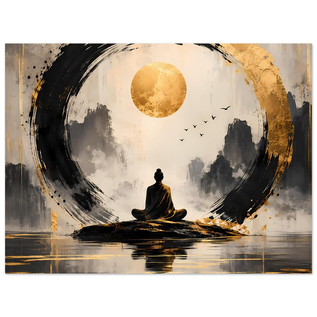 Breitformatiges Poster mit Meditationsfigur, goldener Sonne, schwarzem Pinselkreis und Reflexion
