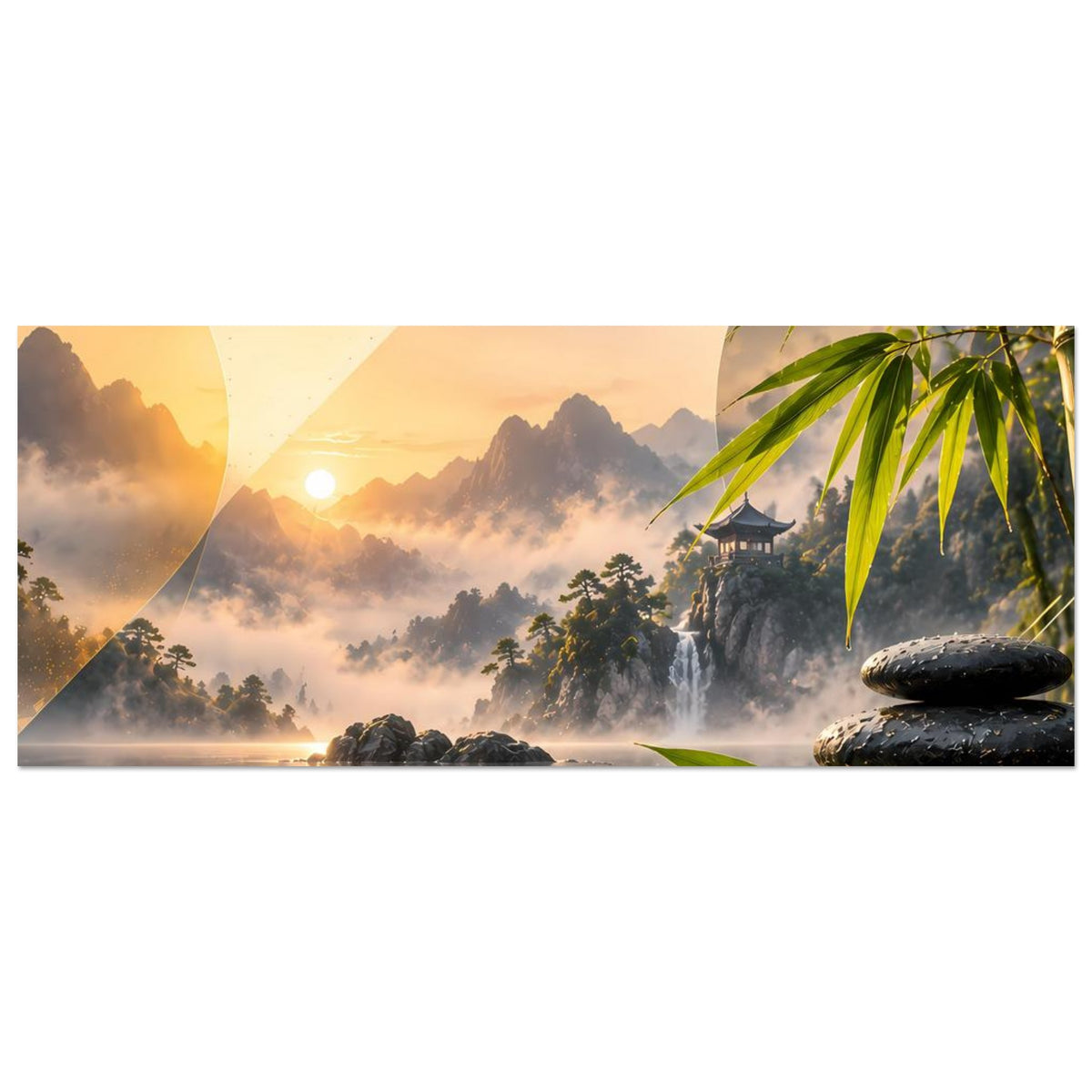 Zen-Poster in Panoramaform mit Bergsee, Sonnenaufgang, Bambus im Vordergrund rechts